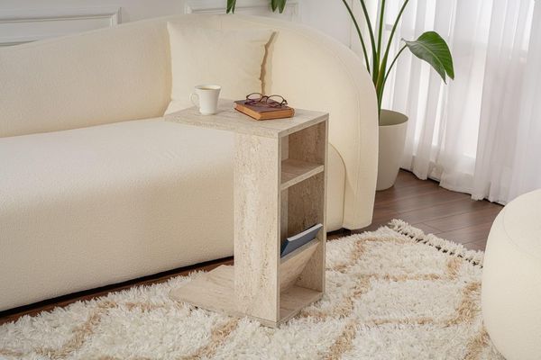 Hanah Home Elegant Marble-Style Side Table, Travertine Color, 30 x 63 x 40 cm | 100% Melamine Coated Particle Board, 18 mm Thick, Wheeled Legs for Easy Mobility