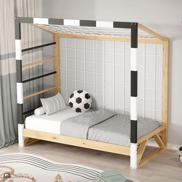 ML-DESIGN Spielbett Kinderbett Fußballtor Holzbett mit Lattenrost Kletterleiter & Netz, Handballtor Abenteuerbett 70x140cm Natur für Kinder aus Kiefernholz