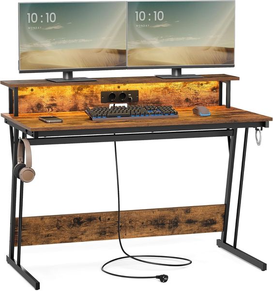Vasagle Schreibtisch, Gaming Tisch mit eingebauter Steckdosenleiste, Computertisch, mit Monitorständer für 2 Monitore, Schlafzimmer, 60 x 120 x 76 cm, vintagebraun LWDDE192K01