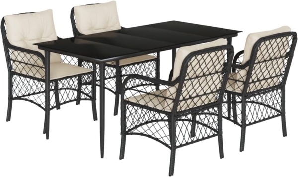 vidaXL 5-tlg. Garten-Essgruppe mit Kissen Schwarz Poly Rattan 3212085