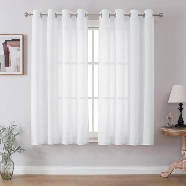 CUCRAF Leinenoptik Weiß Voile Vorhänge mit Ösen Halbtransparent Gardine für Schlafzimmer Wohnzimmer H160 x B140cm 2er Set,Weiß Bild 1