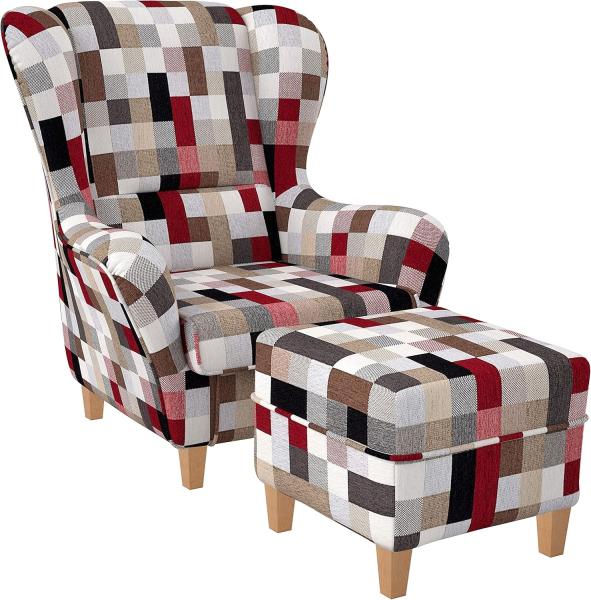 Supellex Ohrensessel Sofia Relaxsessel mit Hocker Patchwork kariert bunt gedeckt