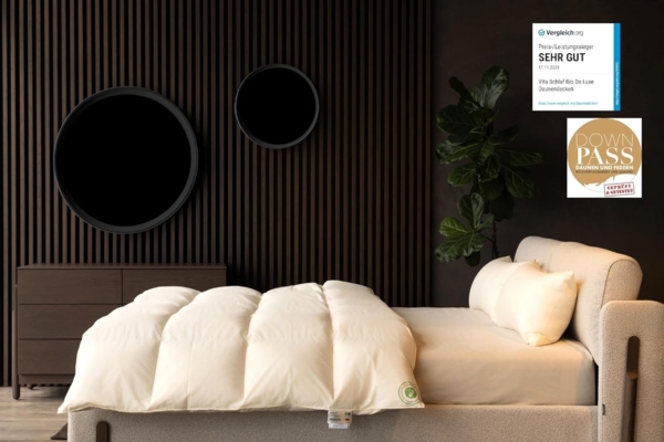Vitaschlaf® Bio-Luxe-KBA TESTSIEGER - W6 - EXTRA WARM 100% GÄNSE Organic Daunendecke Deutsche Qualität Downpass 135x200cm