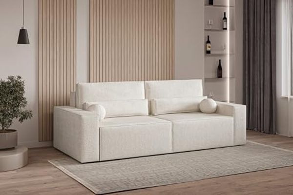 MOEBLO Sofa Denver mini aus Bouclé, Stilvolles Sofa mit Schlaffunktion in Bouclé-Stoff, Couch, Polstermöbel, Sitzmöbel, Wohnzimmermöbel 3-Sitzer-Sofa Stoffsofa, Bettkasten, mit Schlaffunktion