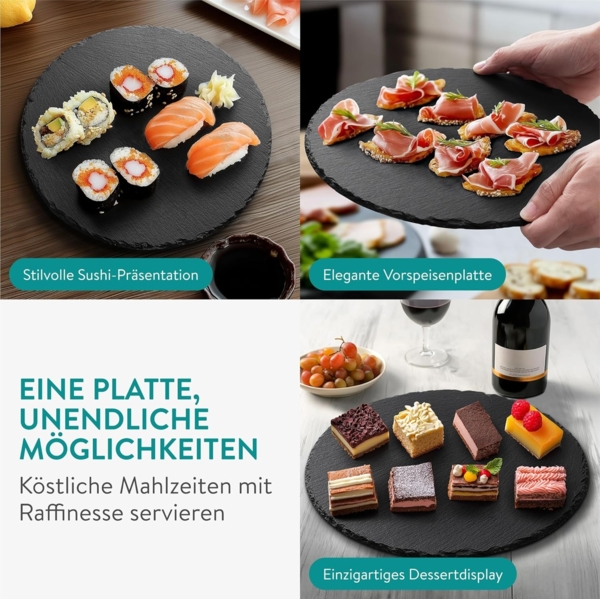 Navaris Servierplatte Schiefer Teller Platzset 4-teilig Ø28cm Schieferplatten, Schiefer, (4-tlg), 4x Servierplatte Servierteller Schieferplatte Sushi Geschirr rund Bild 6