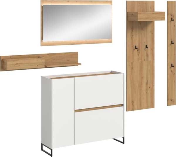 xonox. home – 5 teilige Garderobenkombination Drive 236 x 192 x 32 cm in Weiß und Artisan Oak Nachbildung – Set mit Spiegel, Paneel & Schuhkommode – Moderne Garderobe für Diele & Eingangsbereich