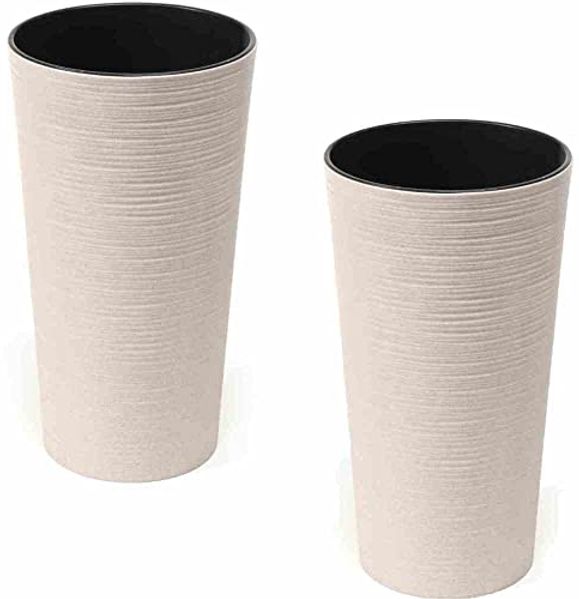Pflanzgefäß LOCON 2er-Set Ø 30 × 57 cm weiß – modernes Rillendesign mit bis zu 40 % Holzfaseranteil, inkl. schwarzem Einsatz, ideal für Indoor & Outdoor, SIENA GARDEN