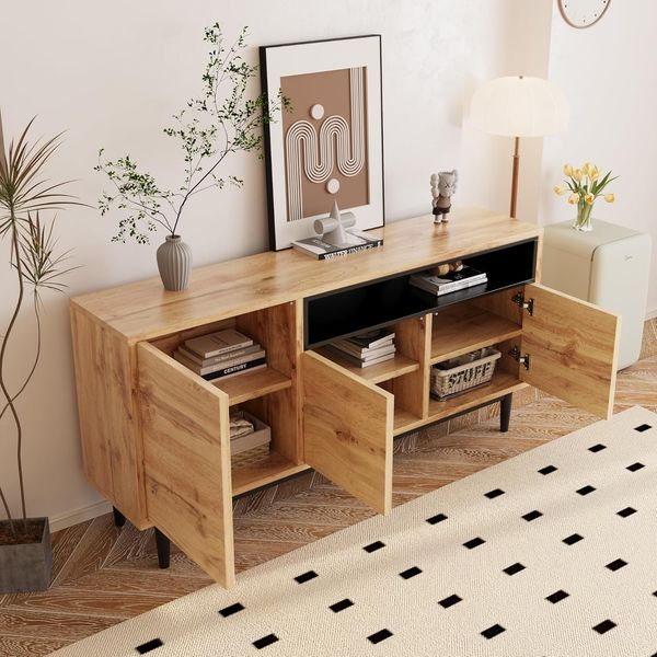 FurnitureR Moderner Sideboard aus Holz mit DREI Türen und Regalen, 160 x 35 x 76 cm, Einfache Montage, platzsparendes Design, robust und zuverlässig