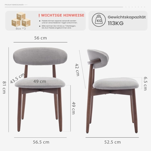 COLAMY Küchenstuhl Esszimmerstühle 6er Set, Moderne Polsterstuhl Essstühle mit Fester Rückenlehne, Stoff Esszimmerstühl mit Holzbein für Esszimmer, Küche, Restaurant, Hellgrau Bild 2