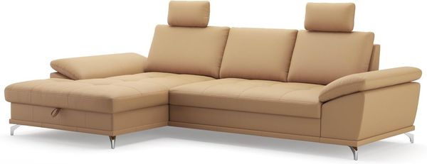 Cavadore Eckcouch Castiel mit Federkern / Ecksofa mit XL-Longchair, Bett, Bettkasten, Sitztiefenverstellung, Kopfstützen und mattschwarzen Metallfüßen / 301x89-114x176 / Echtleder, Beige