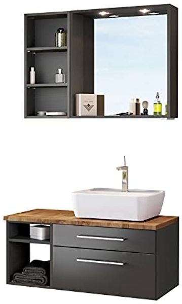 Bad-Set 4-tlg. 'Davos' Grau, mit LED-Spots, Hängeregal und Unterschrank mit Fächern, Waschbecken rechts