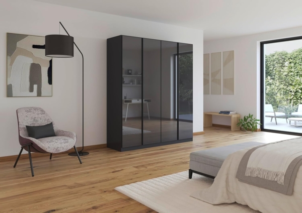 Rauch Möbel Monostar, Drehtürenschrank, Kleiderschrank, Kleiderschränke, Garderobe, Schrank mit Stauraum, 4-türig, 4 Glastüren, Farbe Glas Basalt/Grau metallic, 181 x 210 x 54 cm Bild 2