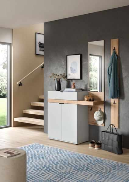 xonox. home - Garderobenkombination Naro 3 TLG. 148 x 194 x 37 cm in Korpus und Front grau und Abs. Evoke Oak Nachbildung - Garderobenschrank Garderobenmöbel Flurmöbel-Set Flursystem Stauraumlösung Bild 2