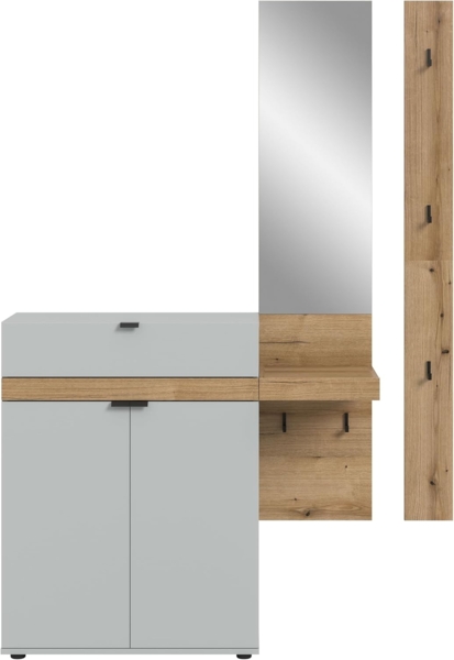 xonox. home - Garderobenkombination Naro 3 TLG. 148 x 194 x 37 cm in Korpus und Front grau und Abs. Evoke Oak Nachbildung - Garderobenschrank Garderobenmöbel Flurmöbel-Set Flursystem Stauraumlösung Bild 4