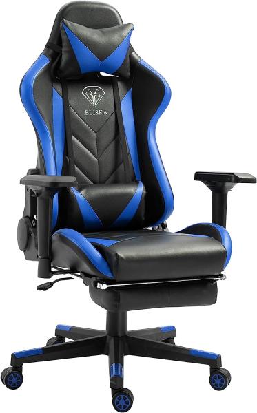 Gaming Stuhl mit Fußstütze und ergonomsichen 4D-Armlehnen gaming chair in ergonomischer Sportsitz Optik Gamer Stuhl mit verstellbaren Rückenstützkissen Bürostuhl Schwarz/Blau