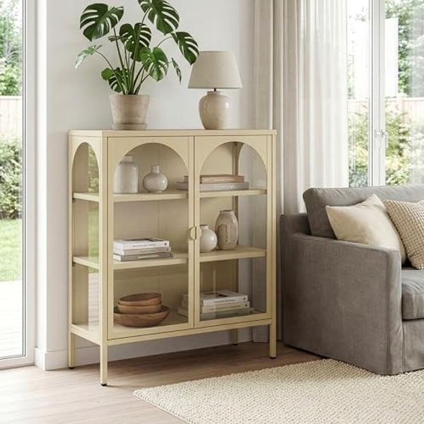 Vitrinen-Sideboard Klippestad Stahl 95 x 80 x 35 cm Kamelfarben [en. casa]