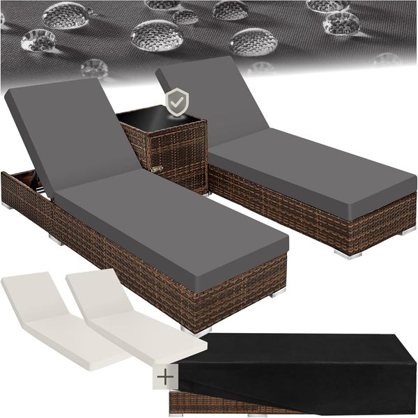 tectake 2er Lounge Sonnenliegen Set Plus Tisch – inkl. 2 Bezugsets und Schutzhülle, Outdoor Poly Rattan Gartenmöbel Set, 2X Gartenliege wetterfest - braun