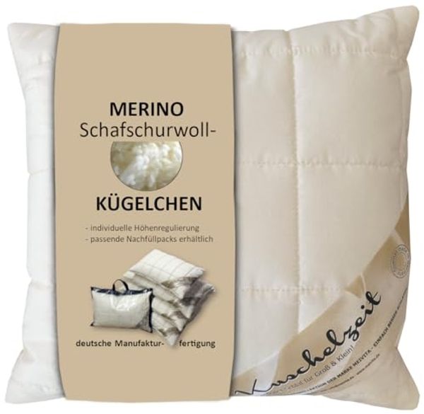 Meivita Naturhaarkissen Merino Schafschurwolle Kopfkissen, Füllung: 100% Wolle (Schurwollkügelchen), Bezug: Baumwolle, Rückenschläfer, Seitenschläfer, Bauchschläfer, Kissen Hergestellt in Deutschland