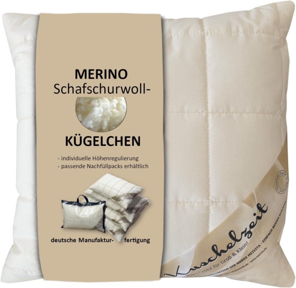 Meivita Naturhaarkissen Merino Schafschurwolle Kopfkissen, Füllung: 100% Wolle (Schurwollkügelchen), Bezug: Baumwolle, Rückenschläfer, Seitenschläfer, Bauchschläfer, Kissen Hergestellt in Deutschland