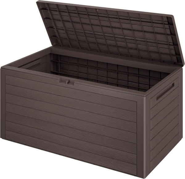 Casaria Auflagenbox Woody, 280L UV-beständig Griffmulden Verschließbar Balkon Holz-Optik Braun