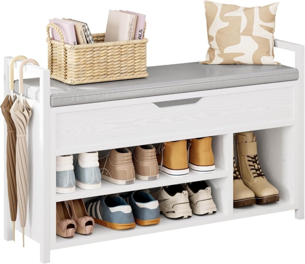 IRONCK Schuhbank mit Sitzfläche, Sitzbank mit Stauraum, Schuhschrank, offene Fächer, Metall Rahmen, Kunstleder, 130kg belastbar, Schuhregal für Eingang,Flur,Wohnzimmer,Schlafzimmer (Weiß)