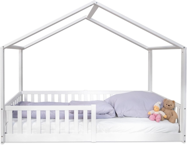 tiSsi Bodenbett / Hausbett ENNO 90x200 cm Buche weiß inkl. opt. Dach