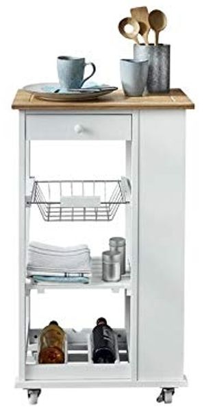 Nizza - Servierwagen mit viel Stauraum, Arbeitsfläche aus Bambus, Weiss lackiert, Landhausstil