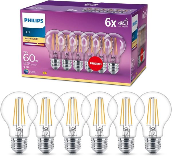 Philips LED Classic E27 Filament Lampen 6-er Pack (60 W), LED Lampen mit warmweißem Licht, energiesparende LED Beleuchtung mit langer Nutzlebensdauer