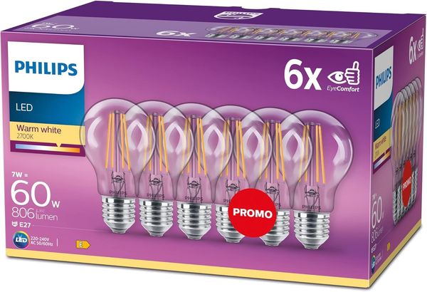 Philips LED Classic E27 Filament Lampen 6-er Pack (60 W), LED Lampen mit warmweißem Licht, energiesparende LED Beleuchtung mit langer Nutzlebensdauer