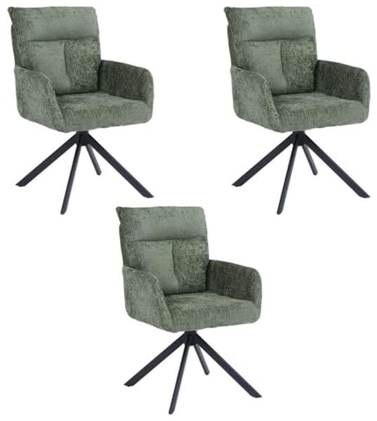 HOME DELUXE Esszimmerstuhl mit Armlehne ALUNA Chenille - 3er Set Grün