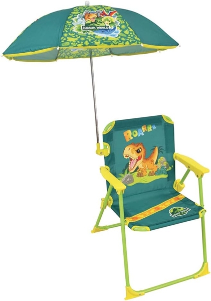 Fun House Enfant Jurassic World 713465 Camping-Klappstuhl, Dinosaurier, Maße: H 38,5 x XL, 38,5 x T 37,5 cm + Sonnenschirm Ø 65 cm, Mehrfarbig