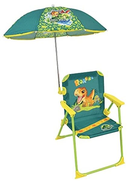 Fun House Enfant Jurassic World 713465 Camping-Klappstuhl, Dinosaurier, Maße: H 38,5 x XL, 38,5 x T 37,5 cm + Sonnenschirm Ø 65 cm, Mehrfarbig