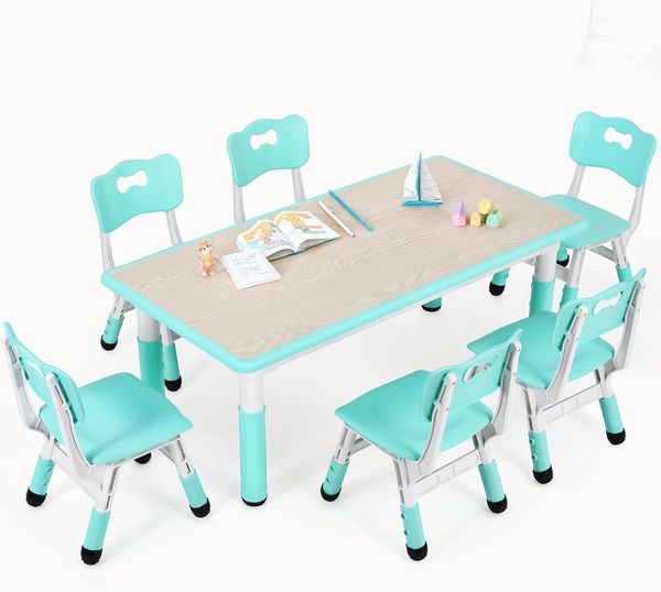 Clevich Kindertisch mit 6 Stühlen,Kinder Tisch Stuhl Set für Kindergarten und Kinderzimmer,Kindertischgruppe Höhenverstellbar,Plastik Kindermöbel,Sitzgruppe für Jungen Mädchen,Minzgrün