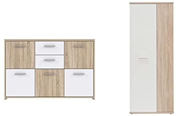 Forte Quadro Kommode mit 5 Türen und 2 Schubkästen, Holzwerkstoff, Sonoma Eiche/Weiß, 113.9 x 77.5 x 29.6 cm & Net106 Mehrzweckschrank mit 2 Türen, Sonoma Eiche + Weiß, 68.90 x 34.79 x 179.1 cm