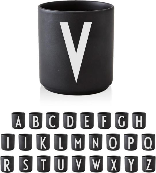 Design Letters Buchstaben Porzellan Kaffeetasse A-Z Schwarz | Verwendung als Zahnputzbecher | Geschenke für Frauen, Männer | Dekorativ Design Tasse in Premium Porzellan mit eingravierter Buchstabe