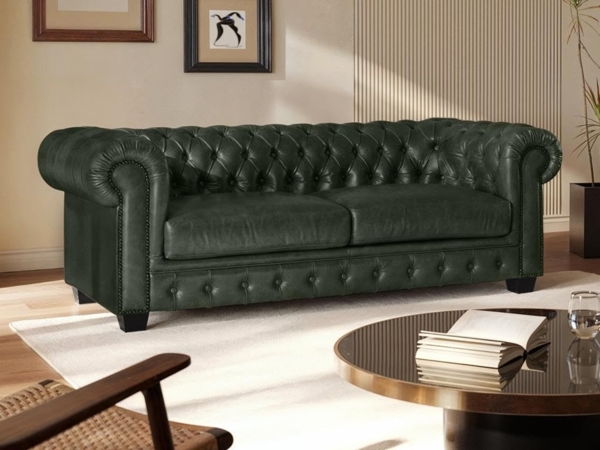 Chesterfield Ledersofa 3-Sitzer BRENTON - Büffelleder - Schwarzgrün