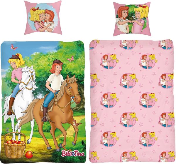 BERONAGE Wendebettwäsche Bibi und Tina Pferde Bettwäsche Linon / Renforcé, 100% Baumwolle, 2 teilig, 135x200 + 80x80 cm