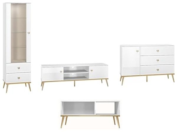Wohnzimmer-Set Goldin 4tlg Wohwand Couchtisch weiß goldfarben / Front Hochglanz