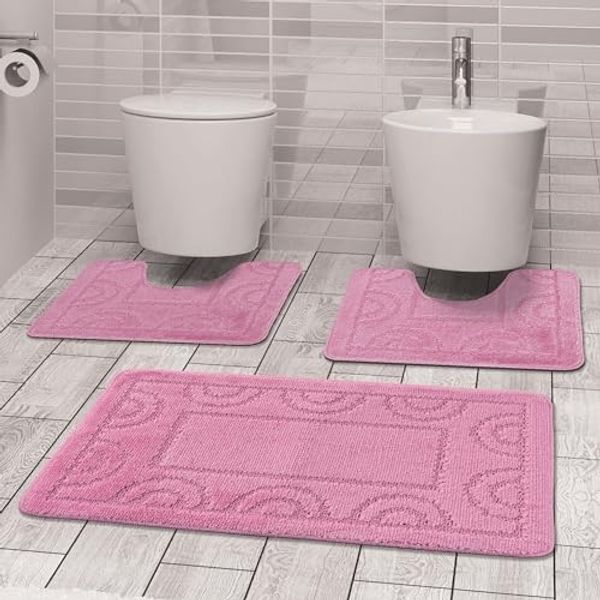 Comart, Teppich Nicole für Badezimmer, synthetischer Stoff, rutschfeste Unterseite, Rosa, 3-teiliges Set