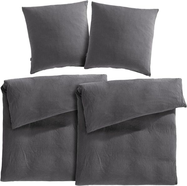 Pure Label Musselin Bettwäsche 135x200 4 teilig bestehend aus Bettbezug 135x200 cm 2er Set + Kissenbezug 80x80 cm 2er Set aus Baumwolle - Traumhaft kuschelige Bettwäsche-Sets in anthrazit