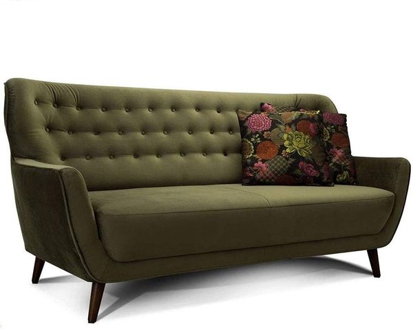 CAVADORE 3-Sitzer-Sofa Abby / Retro-Couch im Samt-Look mit Knopfheftung / 183 x 89 x 88 / Samtoptik, grün
