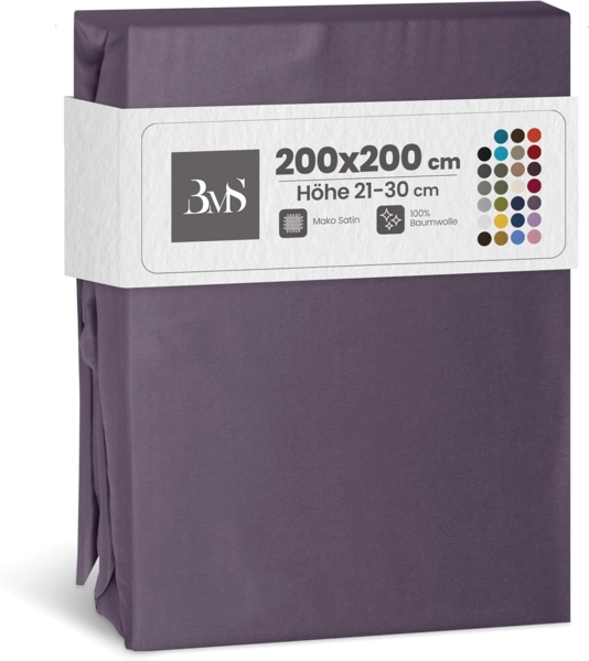 Bettwaesche-mit-Stil Mako-Satin Spannbettlaken lila (malve) 200x200cm Höhe 21-30cm