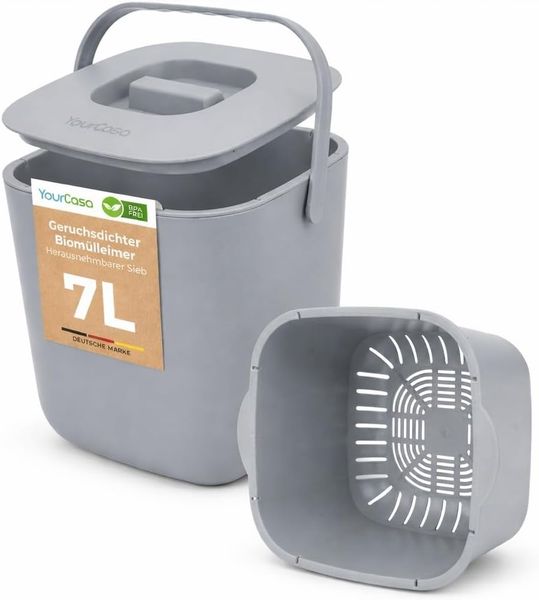YourCasa Biomülleimer Küche - 7L - Komposteimer Küche für alltäglichen Biomüll Behälter - Spülmaschinenfest - geruchsdicht- herausnehmbarer Sieb - Bio Mülleimer klein mit Deckel Bio Eimer (Grau)