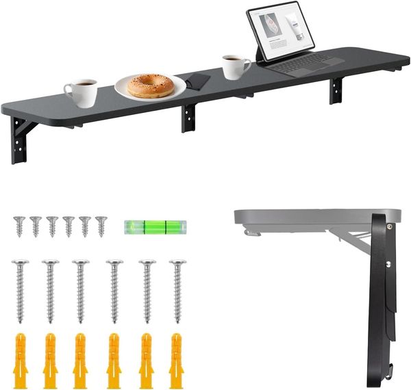 Maclean Wandregal klappbar Tragkraft 50kg Klapptisch mit Sicherheitsverriegelung Klappknopf inklusive Ebene für Küche Bad (Schwarz, 100x20 cm)