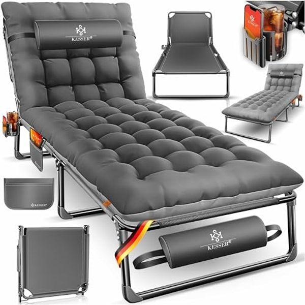 KESSER Campingbett klappbar mit Tragetasche, Nackenkissen, Vakuumtasche & Getränkehalter, Oxford-Gewebe anthrazit / grau, 68 x 190 x 30 cm