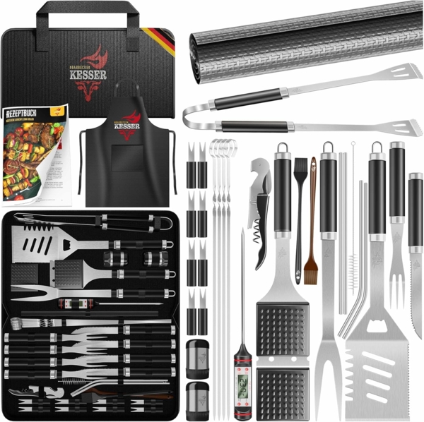 KESSER® Grillbesteck Set 37-teilig Grillzubehör aus rostfreiem Edelstahl Grillset mit Grillzange, Grillwender, 4in1 Grillspatel, Grillgabel, Grill-Spieß, Thermometer, Korkenzieher, Grillmatte & Tasche Schwarz