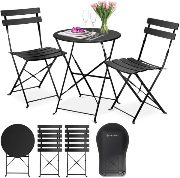 KESSER® Bistroset, 3-tlg, 2 klappbare Stühle, Gartentisch, inkl. Abdeckung, Metall Schwarz