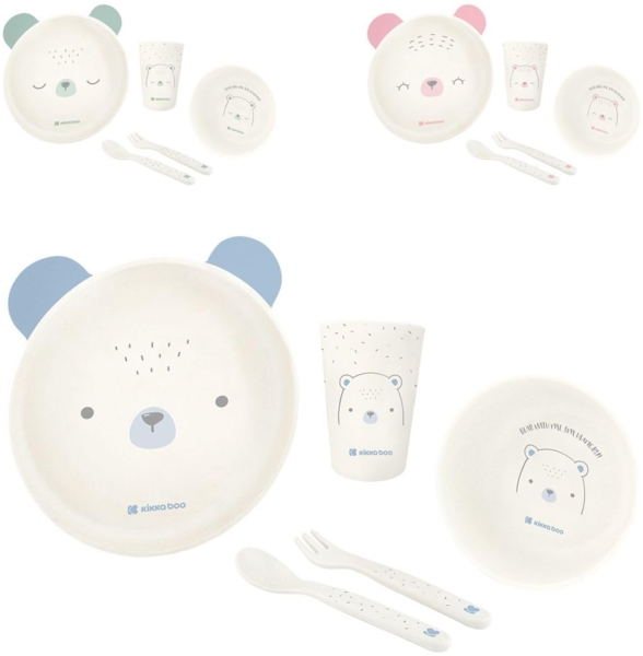 Kikkaboo Kindergeschirr Set Bear with me 5-teilig, Tiermotiv, Schale, Besteck blau