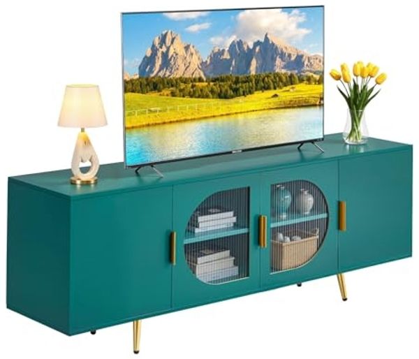 VEVOR TV-Ständer für Fernseher bis zu 75 Zoll, TV Tisch mit Glastüren, TV-Schrank mit goldenen Beinen & verstellbaren Regalen, Konsolentisch Fernsehschrank für Wohnzimmer Schlafzimmer, Grün
