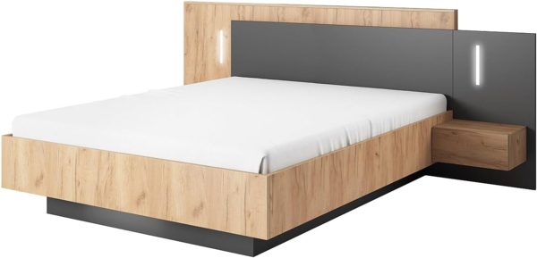 Vente-unique - Bett mit integrierten Nachttischen - 160 x 200 cm - 2 Schubladen + LEDs - Naturfarben & Anthrazit - FRANCOLI